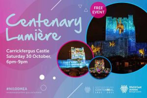 Three circles contain pictures of the castle with images projected onto it. The leaflet also contains information about the event
