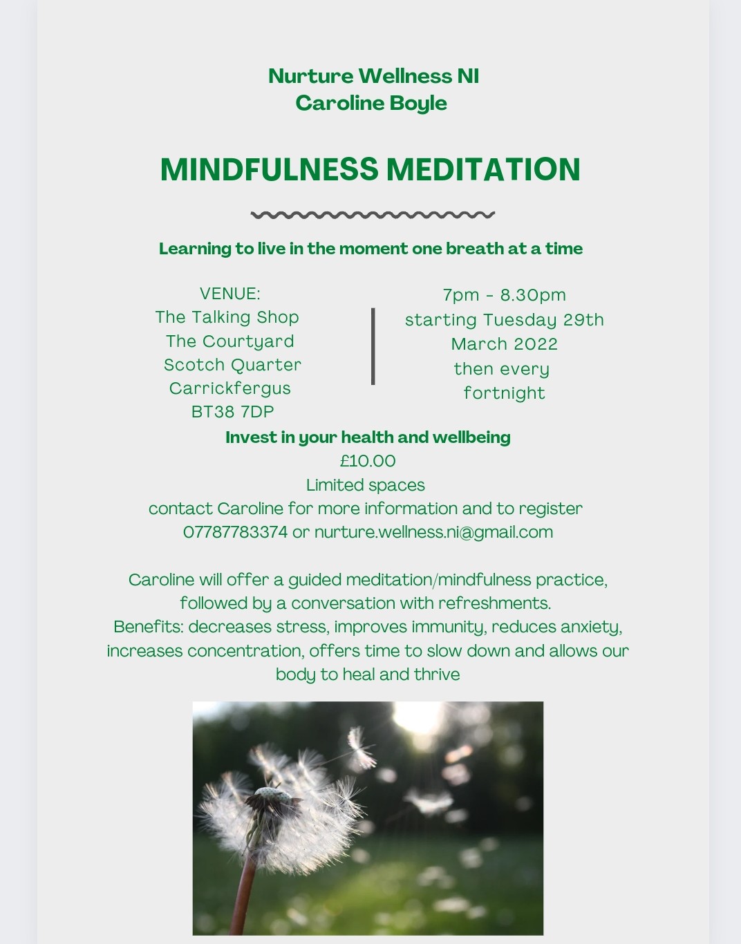 A flyer for Mindfulness Meditation sessions at the Talking Shop