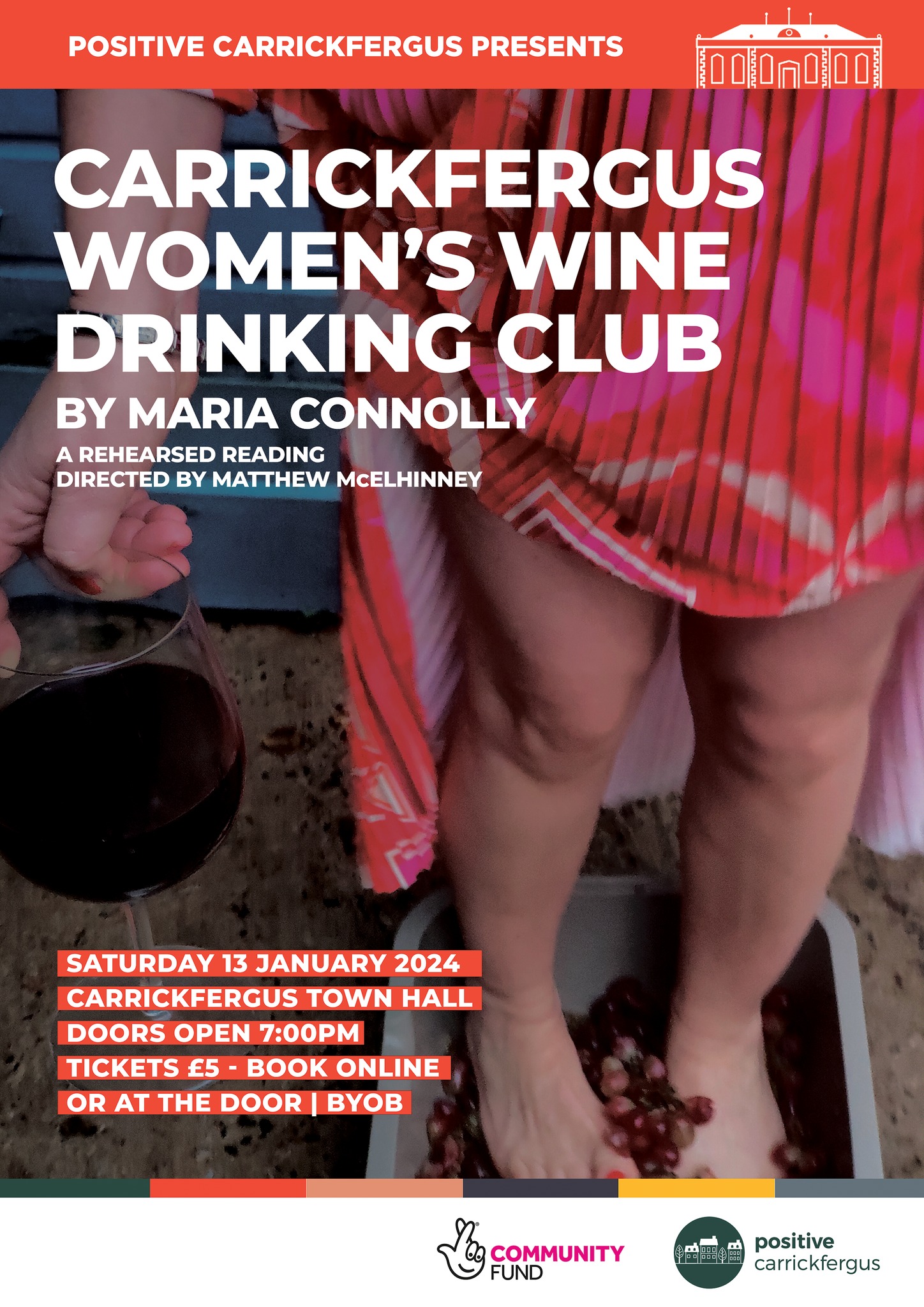 A woman is holding up her red skirt and standing in a washing up tub of grapes in her bare feet. The information about the event is written on the poster